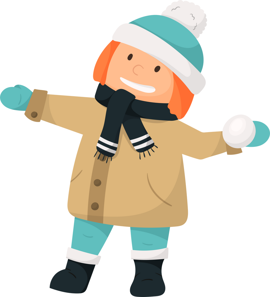 Child throwing a snowball in winter warm clothes